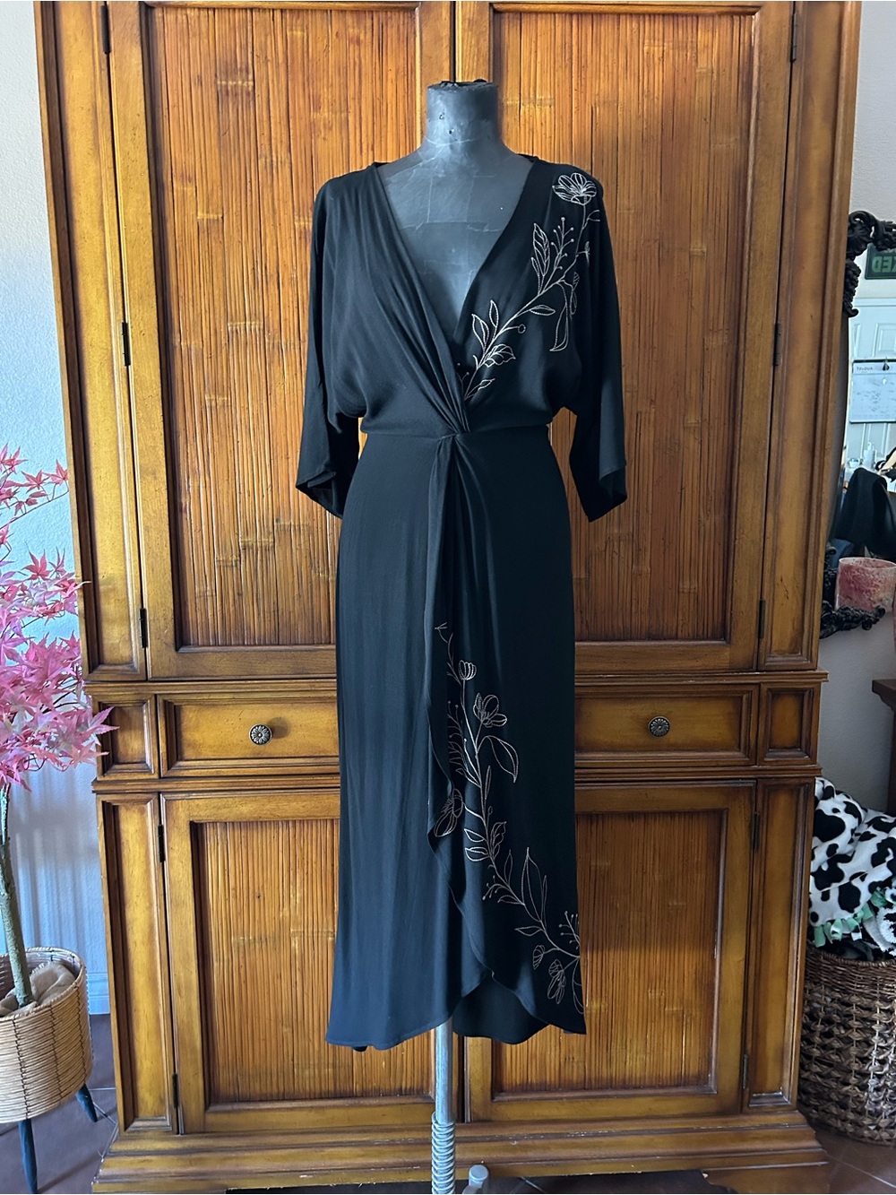 Lovestitch Black Embroidered Floral Wrap Maxi Dress S NWOT